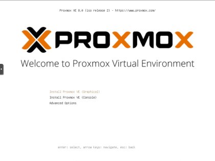Schermata del bootloader durante l'installazione di Proxmox VE 8