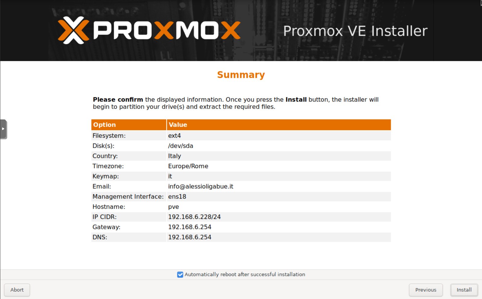 Installazione Proxmox VE sommario