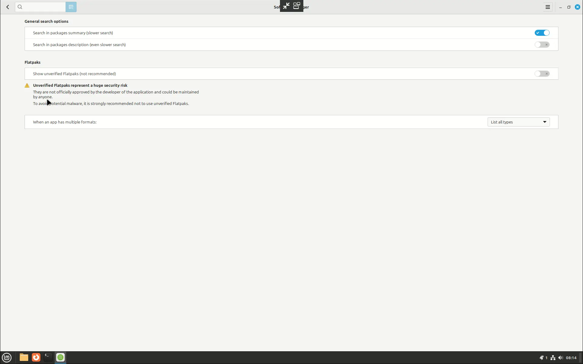 Linux Mint 22 Wilma Flatpacks non verificati